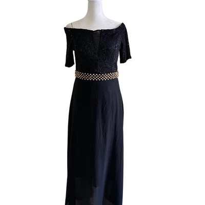 Vestido de Noche La Scala L Mujer Vestido Formal con Cuentas Hombro Descubierto Encaje Corpiño Negro Foto 1 de 4