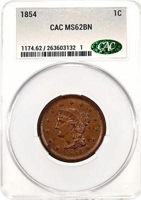1854 1C Liberty Head Braided Hair CAC MS62BN - Image 1 of 2