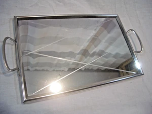 Tablett Spiegel Serviertablett Spiegeltablett Glas Einschliffe Rand Henkel Metal - Bild 1 von 13