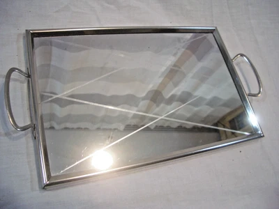 Tablett Spiegel Serviertablett Spiegeltablett Glas Einschliffe Rand Henkel Metal - Bild 1 von 4