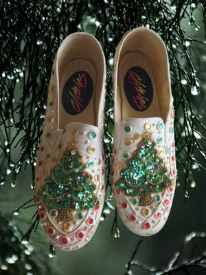 Zapatos Tenis Vintage Años 90 Brillo Deslumbrante Árbol de Navidad Lentejuelas 7.5 con Caja Foto 1 de 4