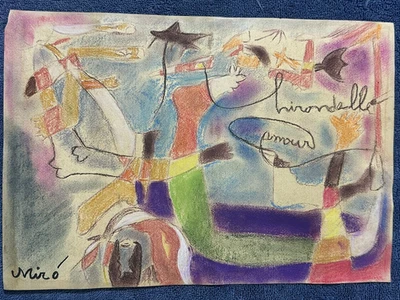 desenho e pintura de joan miro em papel antigo assinado carimbado vintage - Imagem 1 de 3