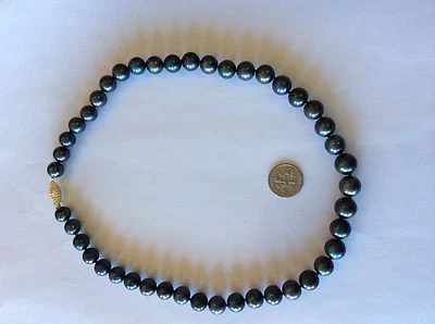 Awesome 10 MM Black Pearl Necklace Xtra Large Solid  14kt Gold Filigree Clasp - Image 1 of 3