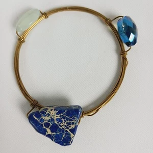Blue Lapis Lazuli Agate & Aurora Borealis Crystal Wire Wrapped Bangle Bracelet - Picture 1 of 10