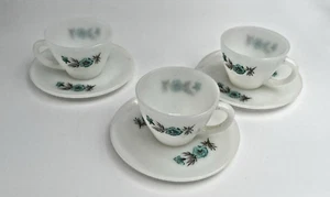 Fire King Bonnie Blue Carnation Flower Milk Glass Coffee Tea Cup & Saucer Set 3 - Picture 1 of 13