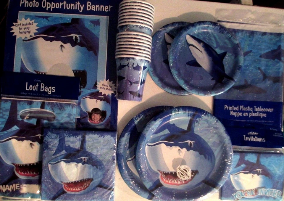 SHARK SPLASH Birthday Party Supply Pack SUPER KIT w/ Photo Opportunity Poster - Image 1 of 2