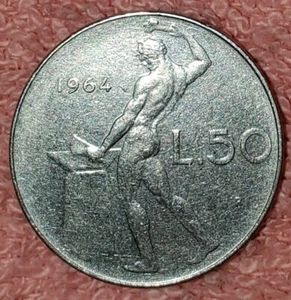 1964 Italy 50 Lire coin, L.50 -Vulcan standing @anvil, KM#95.1; Italian; vintage - Picture 1 of 6