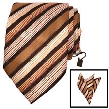 JASON & VOGUE Mens Classic Tie 3.25 Beige Brown 100% Silk Stripe Dress Necktie