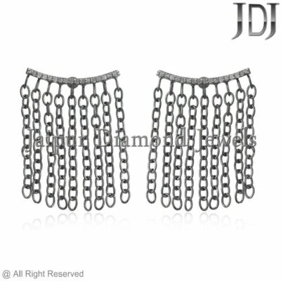 Natural Pave Diamond 925 Sterling Silver Link Chain Dangle Earrings Jewelry - Image 1 of 3