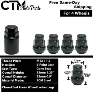 4x Black M12x1.5 Cone Seat Anti-Theft Wheel Lock Lug Nut+Key Toyota Scion Lexus - Picture 1 of 5