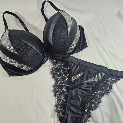 Victoria's Secret 34C Bombshell Bra Set Small Satin Cheekini Black Rhinestone - Image 1 of 4