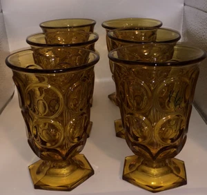 MCM Amber Glasses. Hexagon Pedestal Base. Set Of 6. Coin Dot. VTG. 5.25” Tall - Picture 1 of 6