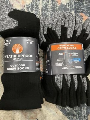 2 X Weatherproof 5 Pair Men’s Outdoor Wool Blend Crew Socks Black Size 6-12 - Image 1 of 4
