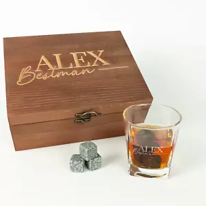 Personalised Whiskey Glass Set with Wooden Box, Ice Cubes, Bag and Tongs Gift - Picture 1 of 8