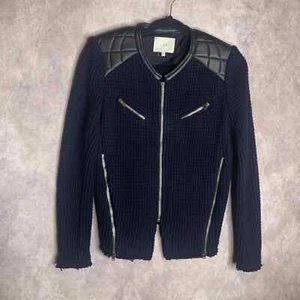 IRO Womens Jacket Size 40 Blue Waffle Knit Wool Blend Moto Full Zip Zipper - Picture 1 of 9