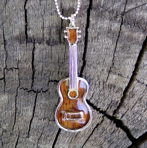 Hawaiian Jewelry Koa Wood Ukulele Rhodium Plated Brass Slide Pendant BRP1124  - Picture 1 of 6