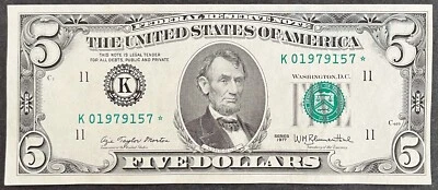 STAR NOTE $5 five dollar 1977 Federal Reserve Dallas Old money USA currency AU - Image 1 of 2