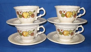 un juego de 4 tazas y platillos ~ Vernon Ware de Metlox ~ patrón de cesta de frutas - Imagen 1 de 9