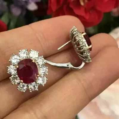 3.00 CT Oval Cut Lab-Created Red Ruby Halo Stud Earrings 14K White Gold Plated - Image 1 of 4