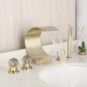 Grifo mezclador de cuenco de 5 piezas oro cepillado montaje en cubierta de baño cascada - Imagen 1 de 11