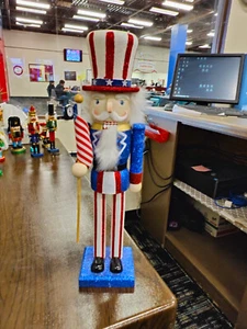 GOT1-Uncle Sam Red White Blue Glitter July 4th American Flag Wood Nutcracker 15" - Picture 1 of 9