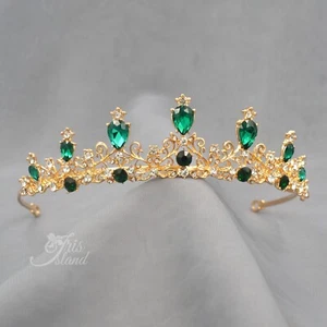 Princess Green Austrian Crystal Rhinestone Tiara Crown Headband Wedding 279 Gold - Picture 1 of 7