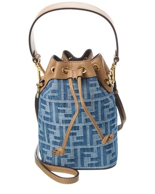 Bolsa balde feminina Fendi Mon Tresor Mini Ff denim e couro azul - Imagem 1 de 4