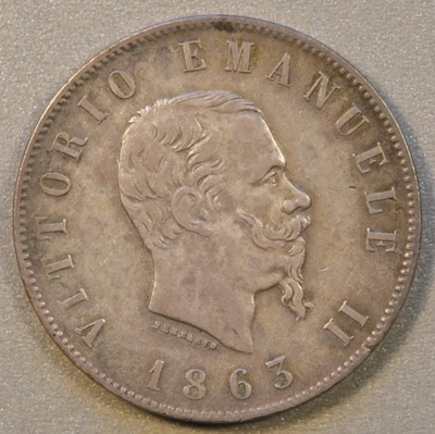 Italy 2 Lire 1863 T BN 2 Lire, KM# 6a.2, Vittorio Emanuele II, Silver, XF - Image 1 of 2