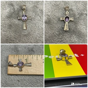 Ciondolo croce religiosa in argento sterling pietra viola ametista!! - Foto 1 di 8