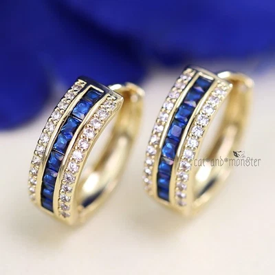 9K GOLD GF Princess Cut Sapphire Blue Simulated Diamond Band Women HOOP EARRINGS Foto 1 de 4