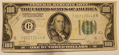 RARE Series 1928 $100 Lime Green Seal Atlanta (6) Miscut, Birthday Note 02/17/44 - Image 1 of 2