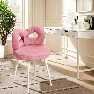 Pink Bowknot Vanity Chair Faux Wool Makeup Stool Adjustable Feet Modern - Picture 1 of 11