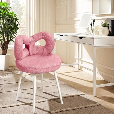 Pink Bowknot Vanity Chair Faux Wool Makeup Stool Adjustable Feet Modern - Image 1 of 4