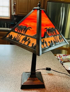 Meyda Tiffany Stain Glass Pyramid Accent Mission Table Lamp Desert Camel Caravan - Picture 1 of 8