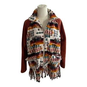 Southwestern Aztec Blanket Zip Fleece Jacket Fringe Rodeo Festival Hoodie - Picture 1 of 12