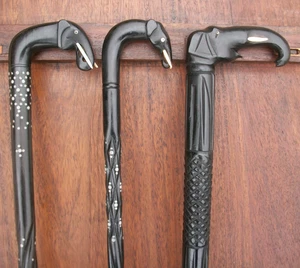 COLLECTION OF 3 ANTIQUE  EBONY  HAND CARVED  ELEPHANT HEAD WALKING CANES - Picture 1 of 6