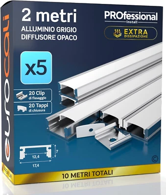 5X Profili Da 2 Metri (10Mt) in Alluminio Grigio per Strisce LED Schermatura Opa - Immagine 1 di 4