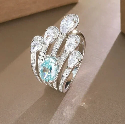 Genuine Oval Cut Aquamarine & Pear Cut Simulated Sapphire Luxury Women's Ring - Image 1 of 4