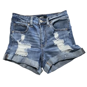 Pantalones Cortos Aeropostale Aero Para Mujer 4 Tiro Alto Midi Jeans Denim Desgastados Lunados - Imagen 1 de 7