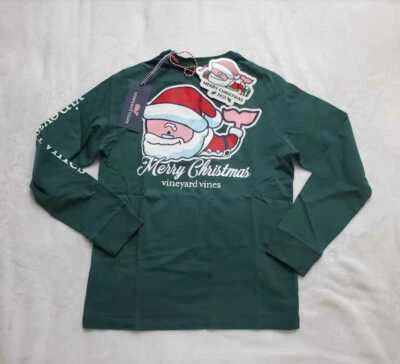 New boys  Vineyard Vines Christmas green Santa whale long sleeve pocket tee - Image 1 of 4