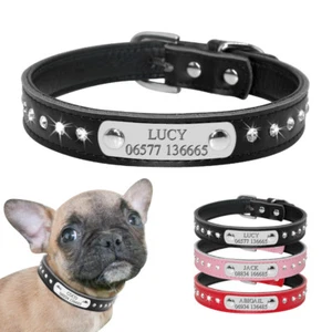 Leather Personalised Dog Cat Pet Collar Bling Rhinestone Engraved Necklace XS-M  - Picture 1 of 15