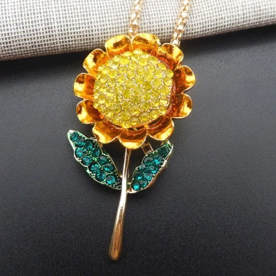 黄色绿色水晶向日葵吊坠毛衣链项链/胸针 — 第 1/4 张图片