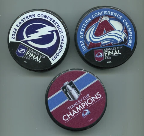 2022 Stanley Cup Finals Hockey Pucks - 3 Pucks Avalanche vs Lightning Cover