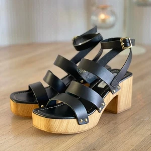 Steve Madden Black Leather Wood Block Heel Strappy Platform Heels Sandals Size 8 - Picture 1 of 8