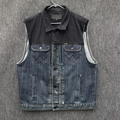 Wrangler Mens Size XL Trucker Vest Black Blue Denim Two Tone Button Up Pockets - Image 1 of 4