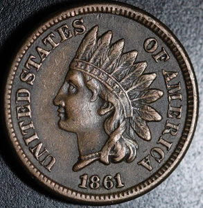 1861 INDIAN HEAD CENT - With LIBERTY & Near 4 DIAMONDS - AU UNC - Picture 1 of 2