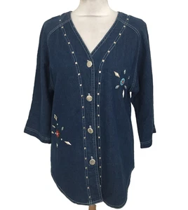 Piccalino Petites Women's Blouse Size M Blue Denim Studded V-Neck Button Used F1 - Picture 1 of 11