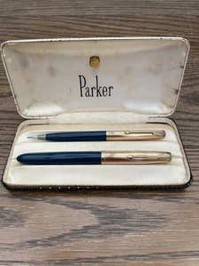 Parker “51” Fountain Pen & Mechanical Pencil | Teal Blue Barrel Rolled Gold Cap - Picture 1 of 12