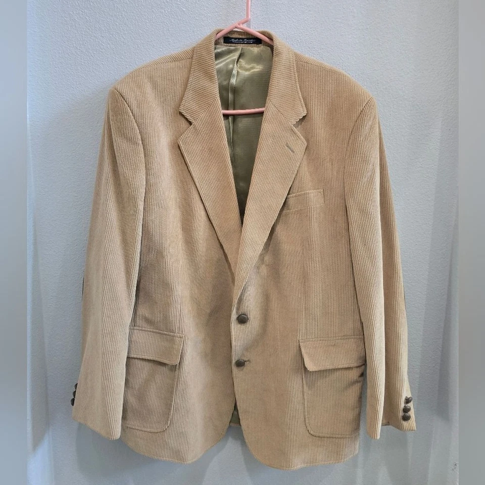 Fulton Park 棕褐色复古 2 纽扣灯芯绒夹克带绒面革护肘 XL 码 — 第 1/4 张图片