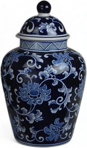 Blue and White Porcelain Temple Ginger Jar Vase, 12.5", Qing Style - Picture 1 of 4
